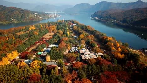 Aerial-view-autumn-of-Nami-island,-South-Korea