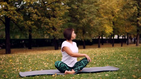 Chica-flexible-yogini-es-practicando-torcedura-simple-pose-luego-reposo-en-posición-de-loto,-sentado-en-la-estera-de-yoga-en-pasto-en-el-parque.-Recreativo-concepto-área-y-la-gente.