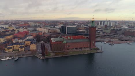 Aerial-drone-shot-of-Stockholm-City-Hall