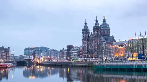 Amsterdam-Netherlands-time-lapse-4K,-city-skyline-night-to-day-timelapse-at-Basilica-of-Saint-Nicholas