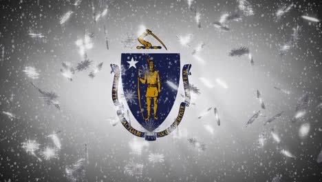 Massachusetts-flag-falling-snow,-New-Year-and-Christmas-background,-loop