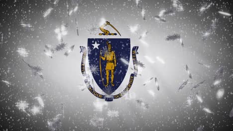 Bandera-de-Massachusetts-que-cae-nieve,-Año-Nuevo-y-fondo-de-Navidad,-bucle