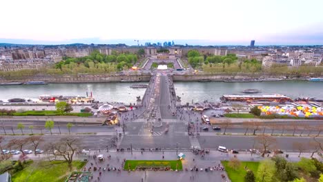 View-of-river-Seine,-Trocadero-and-La-Defense-from-the-Eiffel-tower.-Day-to-night-timelapse.-Paris,-France,-Europe