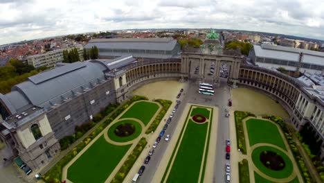 Tourist-attraction-Brussels-Belgium,-aerial-city-park-old-arcade.-Beautiful-aerial-shot-above-Europe,-culture-and-landscapes,-camera-pan-dolly-in-the-air.-Drone-flying-above-European-land.-Traveling-sightseeing,-tourist-views-of-Belgium.