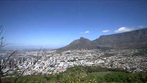 Schuss-von-Cape-Town-city,-Südafrika,-an-einem-klaren-sonnigen-Tag.-Schwenken-von-Kapstadt-Hafen,-auf-die-Stadt,-den-Tafelberg