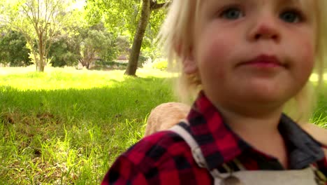 Niño-feliz-con-un-perro-mascotas-Labrador-en-el-parque