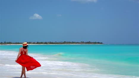 Junge-schöne-Frau-am-tropischen-Strand.-Rückansicht-des-jungen-Mädchens-im-schönen-Kleid-Hintergrund-das-Meer