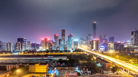 Zeitraffer-von-Jianwai-SOHO,-der-CBD-Skyline-bei-Nacht-in-Peking,-China