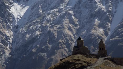 Ancient-Gergeti-Trinity-church-near-mount-Kazbek,-Caucasus-mountains.