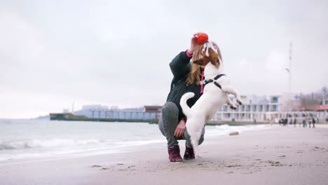 Junge-Frau-mit-Hund-Jack-Russel-am-Strand-am-Meer,-Zeitlupe-spielen