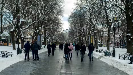 LVOV,-UKRAINE---Winter-2018-Timelapse.-The-snowy-cold-weather-in-old-city-Lviv-in-Ukraine.-People-are-walking-along-the-street-in-city-center.