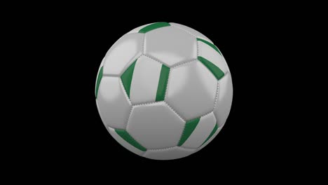 Soccer-ball-with-Nigeria-flag-colors-rotates-on-transparent-background,-3d-rendering,-prores-4444-with-alpha-channel,-loop