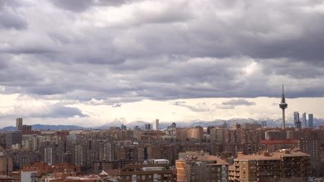 View-to-Madrid,-the-skyscrapers-four-towers-and-television-tower-El-Pirul