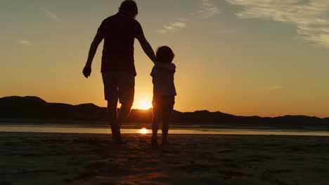 Silhouette-von-Vater-und-Sohn-zusammen-spazieren-am-Strand