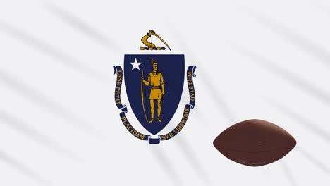 Massachusetts-flag-waving-and-american-football-ball-rotates,-loop