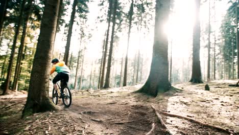 Man-on-mountain-bike-rides-on-track-in-forest