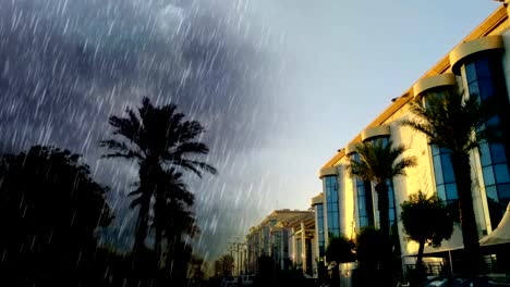 Transparente-día-con-el-frente-del-centro-comercial-moderna,-y-Lluvia-fuerte
