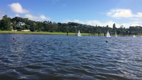 Zeitraffer-von-Ferngesteuertes-Segeln-hölzerne-Yacht-Rennen-in-einem-Teich