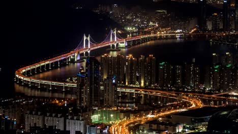 Night-timelapse-of-Gwangan-bridge-in-Busan,-South-Korea