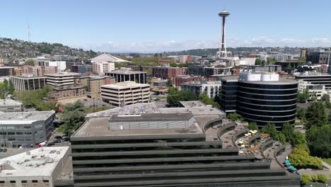 Aerial-of-Downtown-Seattle-Urban-Neighborhoods-and-Business-Buildings-on-Sunny-Day