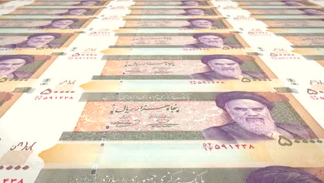 Banknoten-von-fünfzigtausend-iranische-Rial-des-Iran,-Bargeld,-Schleife