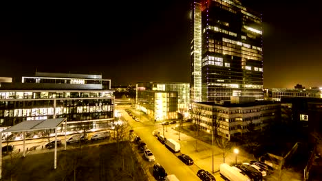 Aerial-time-lapse-of-Business-Skyscrapers-lights-going-on-and-off