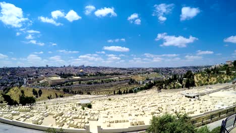 Panoramic-view-to-Jerusalem-Old-city-and-the-Temple-Mount,-Dome-of-the-Rock-and-Al-Aqsa-Mosque-from-the-Mount-of-Olives-in-Jerusalem