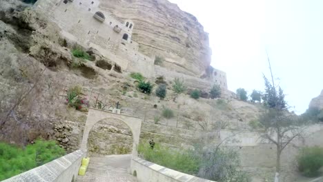 Panorama-of-Orthodox-Monastery-of-St.-George-of-Choziba,-in-Wadi-Qelt,-in-the-eastern-West-Bank,-Jerusalem,-Israel,-The-Wadi-Qelt-or-Nahal-Prat,-mountain-area-in-the-north-of-the-Judean-Desert