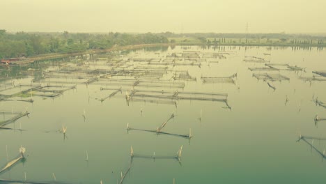 Rowo-Apung-Floating-Place-Jombor-Klaten-fishing-pond-aerial-view-at-sunrise,-Yogyakarta,-Indonesia