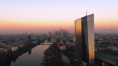 Frankfurt-ECB-Skyline-Aerial-Shot-at-early-sunrise-reflecting-sun