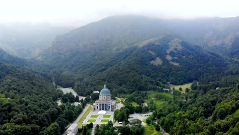 OROPA,-BIELLA,-ITALY---JULY-7,-2018:-aero-View-of-beautiful-Shrine-of-Oropa,-Facade-with-dome-of-the-Oropa-sanctuary-located-in-mountains-near-the-city-of-Biella,-Piedmont,-Italy