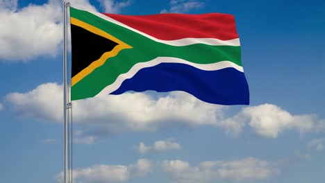 Flagge-von-Südafrika-vor-Hintergrund-Wolken-am-blauen-Himmel-schweben