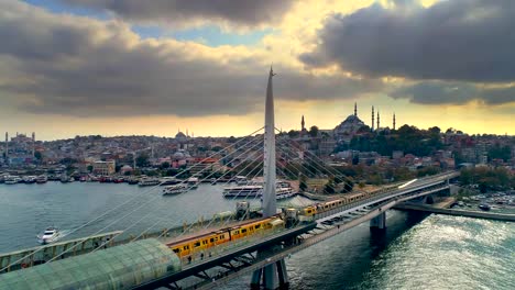 Tram-Bridge-Golden-Horn,-Istanbul-Aerial