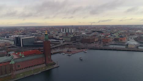 Aerial-drone-shot-of-Stockholm-City-Hall-and-cityscape-skyline.-Capital-of-Sweden