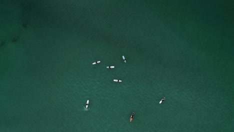 Aerial-Shot-of-Surfers-in-the-Sea