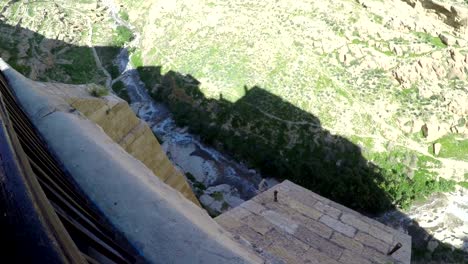 View-from-balcony-of-Mar-Sabbas-(-Saint-Sava)-Orthodox-monastery-in-Judean-desert,-Palestine,-Israel