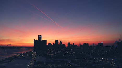 Detroit-downtown-aerial-view-Winter-Panorama-at-Sunset