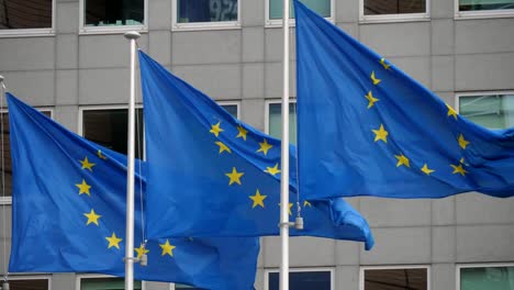 Exciting-view-of-three-European-Union-flags-with-yellow-star-circles-fluttering-at-the-EU-building-in-Brussels-on-a-sunny-day-in-spring.