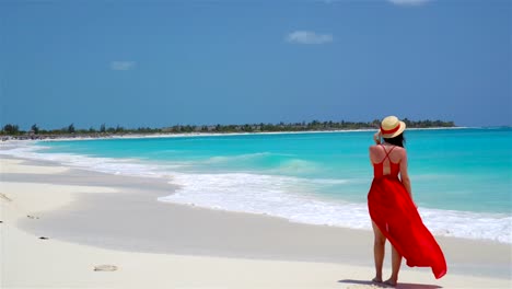 Junge-schöne-Frau-am-tropischen-Strand.-Rückansicht-des-jungen-Mädchens-im-schönen-Kleid-Hintergrund-das-Meer