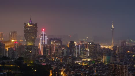 China-Macao-berühmten-Sonnenuntergang-Smog-Dach-Stadtbild-Stadtpanorama-4k-Zeitraffer