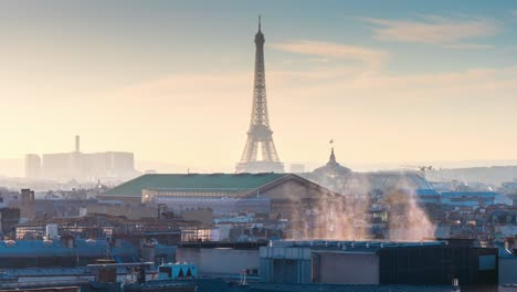 Frankreich-Sonnenuntergang-Sonne-Licht-berühmte-Dach-Paris-Eiffel-Turm-großen-Palast-Panorama-4k-Zeitraffer