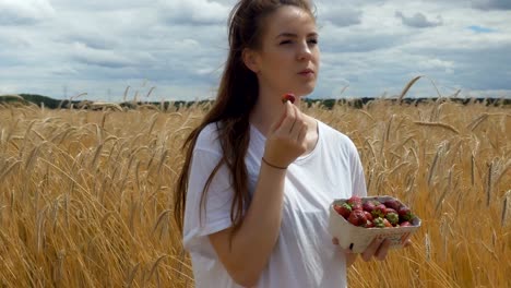 Arco-alrededor-de-una-muchacha-con-fresas-en-un-campo-de-trigo