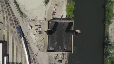 Smoke-Stacks-From-Above-Chicago-River-Train-Tracks-Aerial