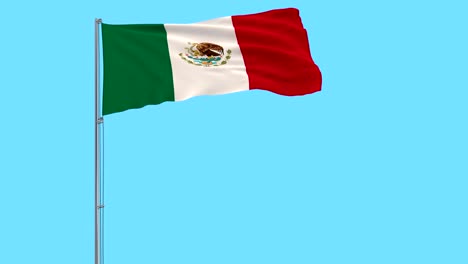 Aislar-la-bandera-de-México-en-un-asta-de-la-bandera-ondeando-en-el-viento-sobre-un-fondo-azul,-render-3d