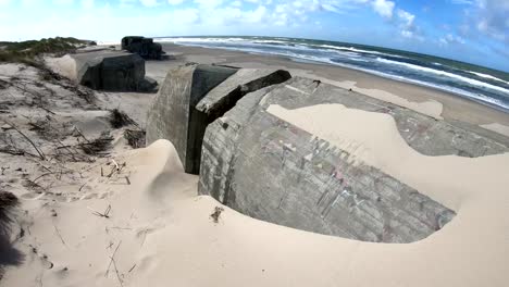 Ruin-of-concrete-Bunker,-Atlantic-Wall,-Second-World-War,-memorial,-North-Sea,-4K