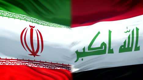 Iran-vs-Iraq-confrontation,-countries-disagreement,-fists-on-flag-background