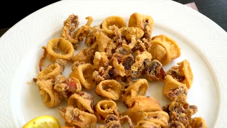 Grilled-and-fried-seafood-on-a-traditional-Mediterranean-plate-garnished-with-summer-vegetables-and-fruits---greece,-croatia,-italy,-montenegro,-squid.