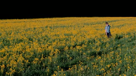 Junge-läuft-auf-dem-Feld-unter-den-gelben-Blumen.