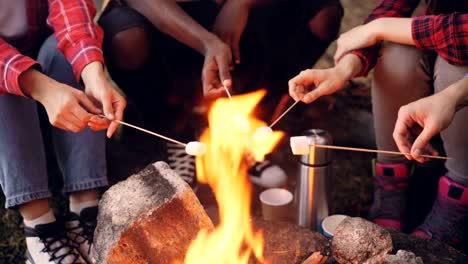 Close-up-shot-of-burning-campfire-and-people's-hands-holding-sticks-with-marshmallow-above-flame-and-tourists'-legs-getting-warm-near-fire.-Camping-and-food-concept.