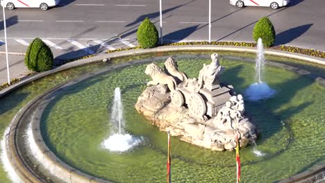 Aerial-view-of-Cibeles-fountain-at-Plaza-de-Cibeles-in-Madrid-in-a-sunny-day